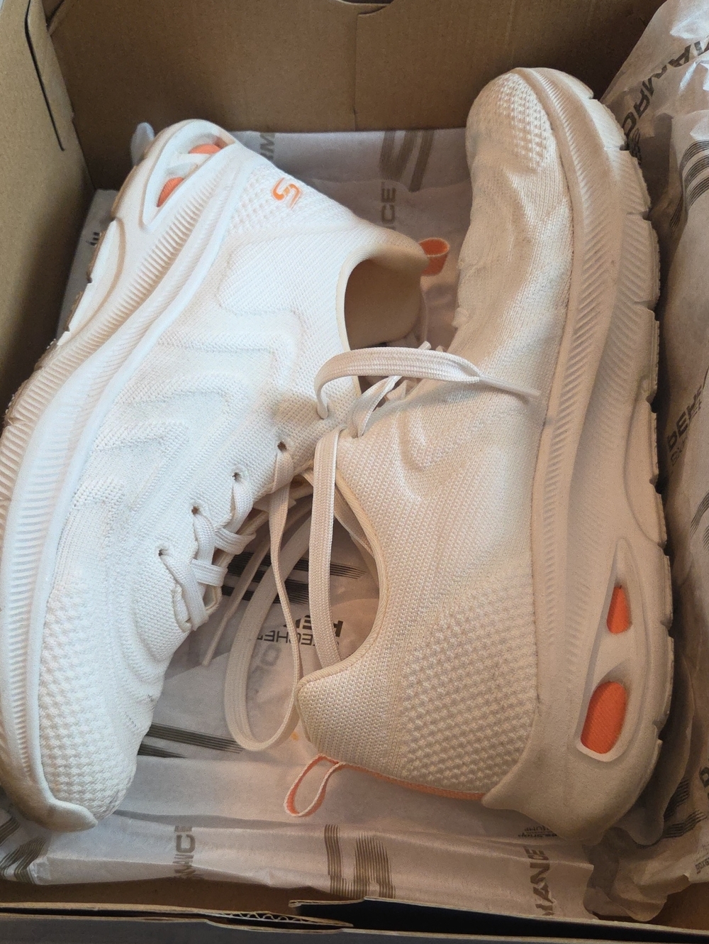Skechers White Knit Women's Athletic Sneakers with Orange Accents